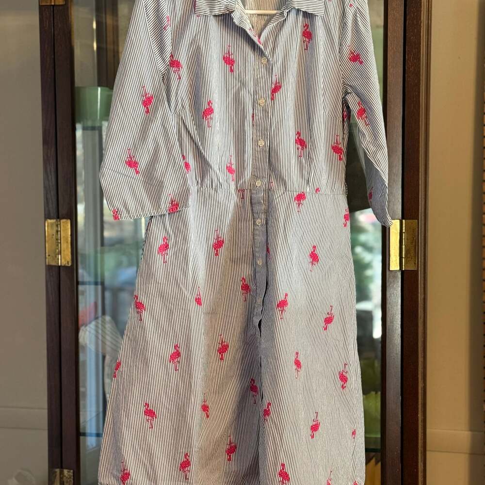 Chloe + Rene Pink Flamingo Striped Belted Button Up Women's Dress
